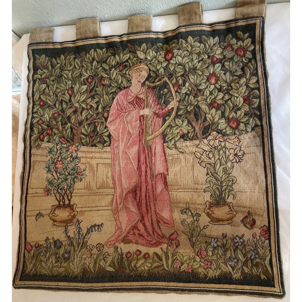 The Minstrel with Harp William Morris Floral Tapestry Wall Hanging 18 X 18 In